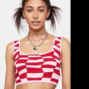 Pretty Garbage Small Stylish Red Pink Geometric Sweater Tank Crop Top